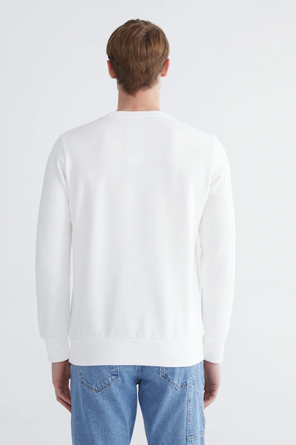 LCWAIKIKI Classic Ekru Bisiklet Yaka Baskılı Erkek Kalın Sweatshirt