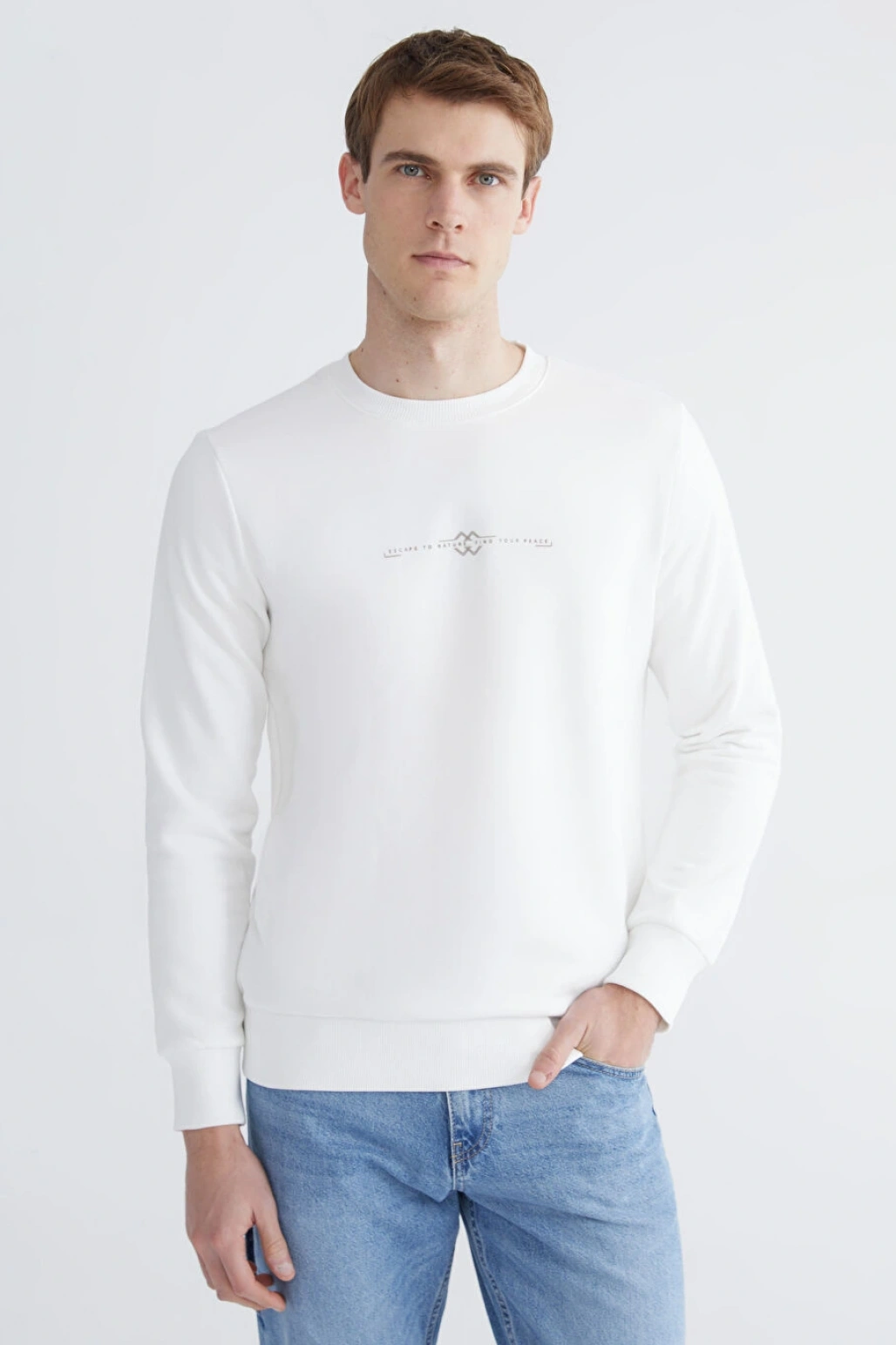 LCWAIKIKI Classic Ekru Bisiklet Yaka Baskılı Erkek Kalın Sweatshirt