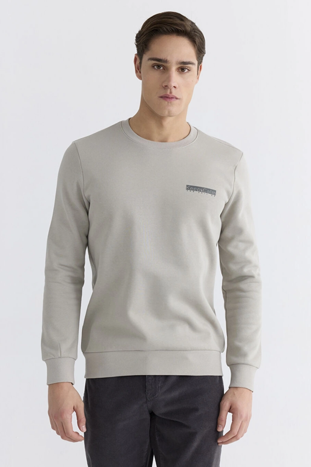 LCWAIKIKI Classic Gri Bisiklet Yaka Baskılı Erkek Kalın Sweatshirt