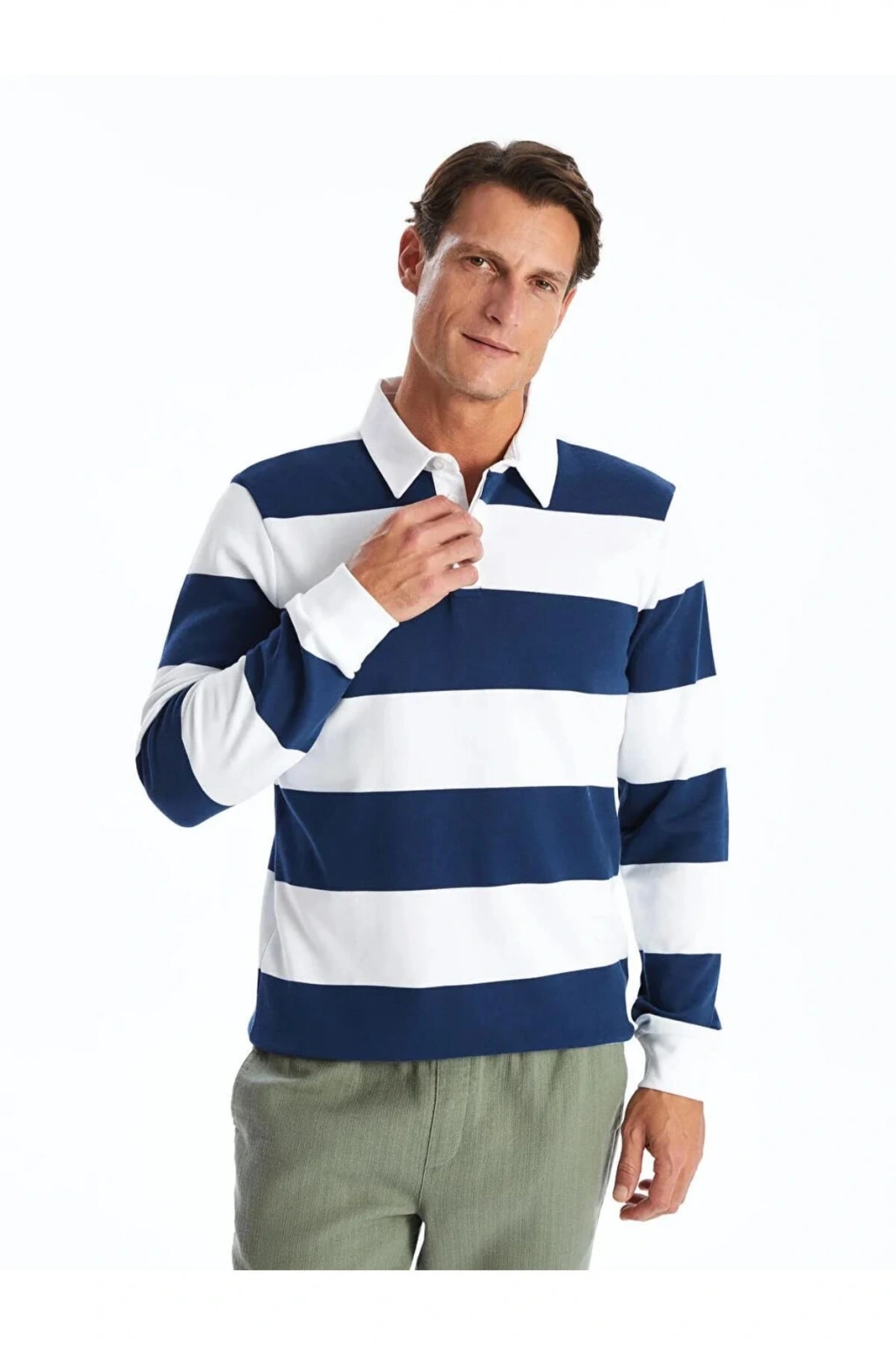 Lcwaikiki Classic I?ndigo Polo Yaka Uzun Kollu Çizgili Erkek Sweatshirt