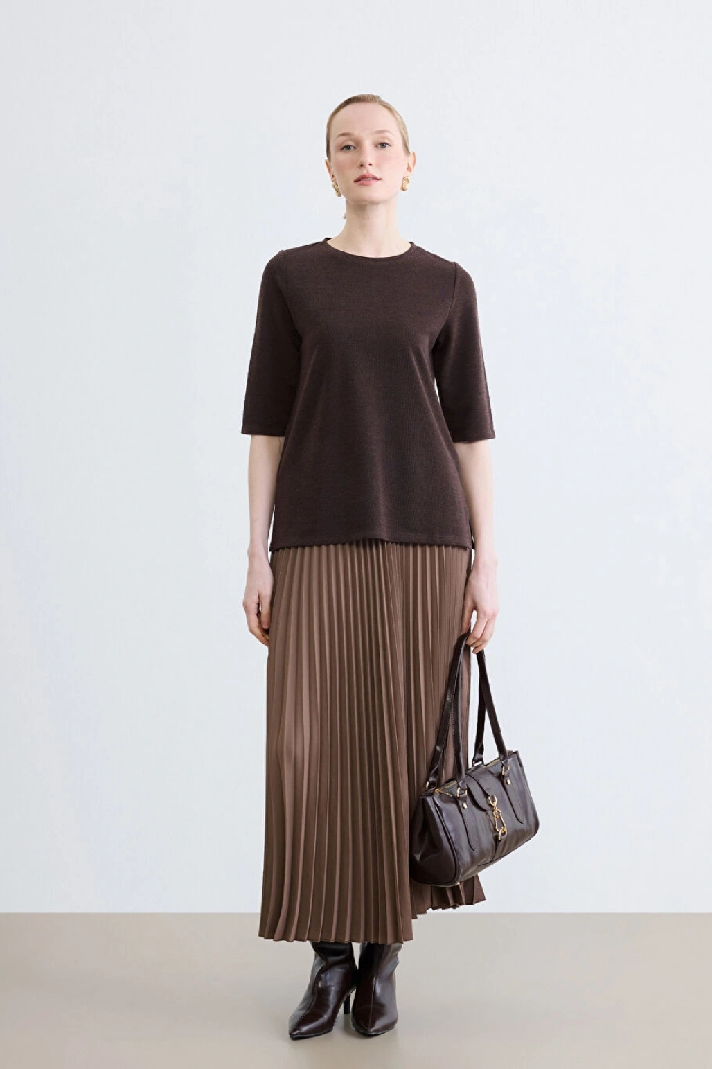 LCWAIKIKI Classic Kahverengi Beli Lastikli Pileli Etek