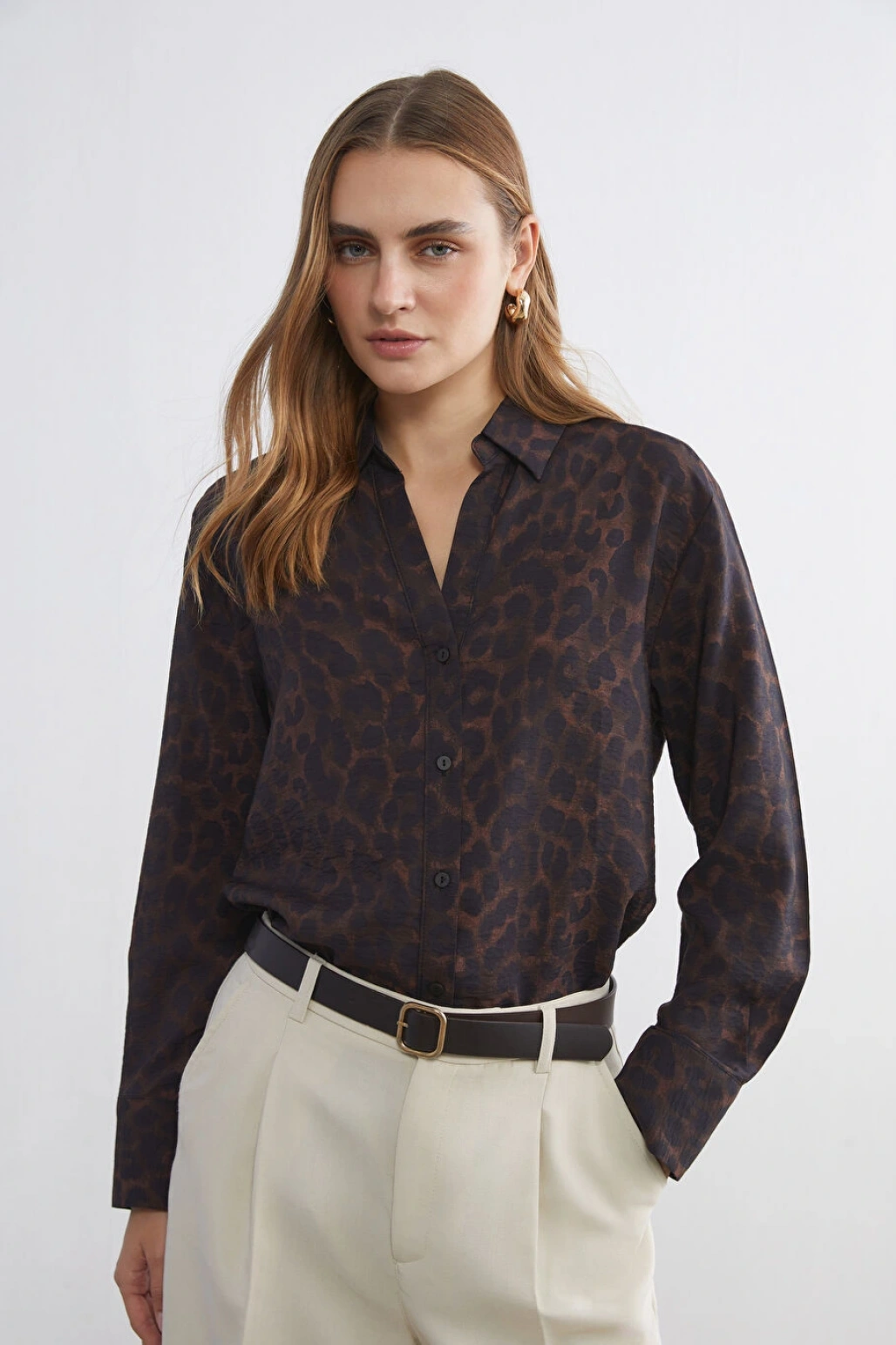 LCWAIKIKI Classic Kahverengi Leopar Desenli Kadın Gömlek