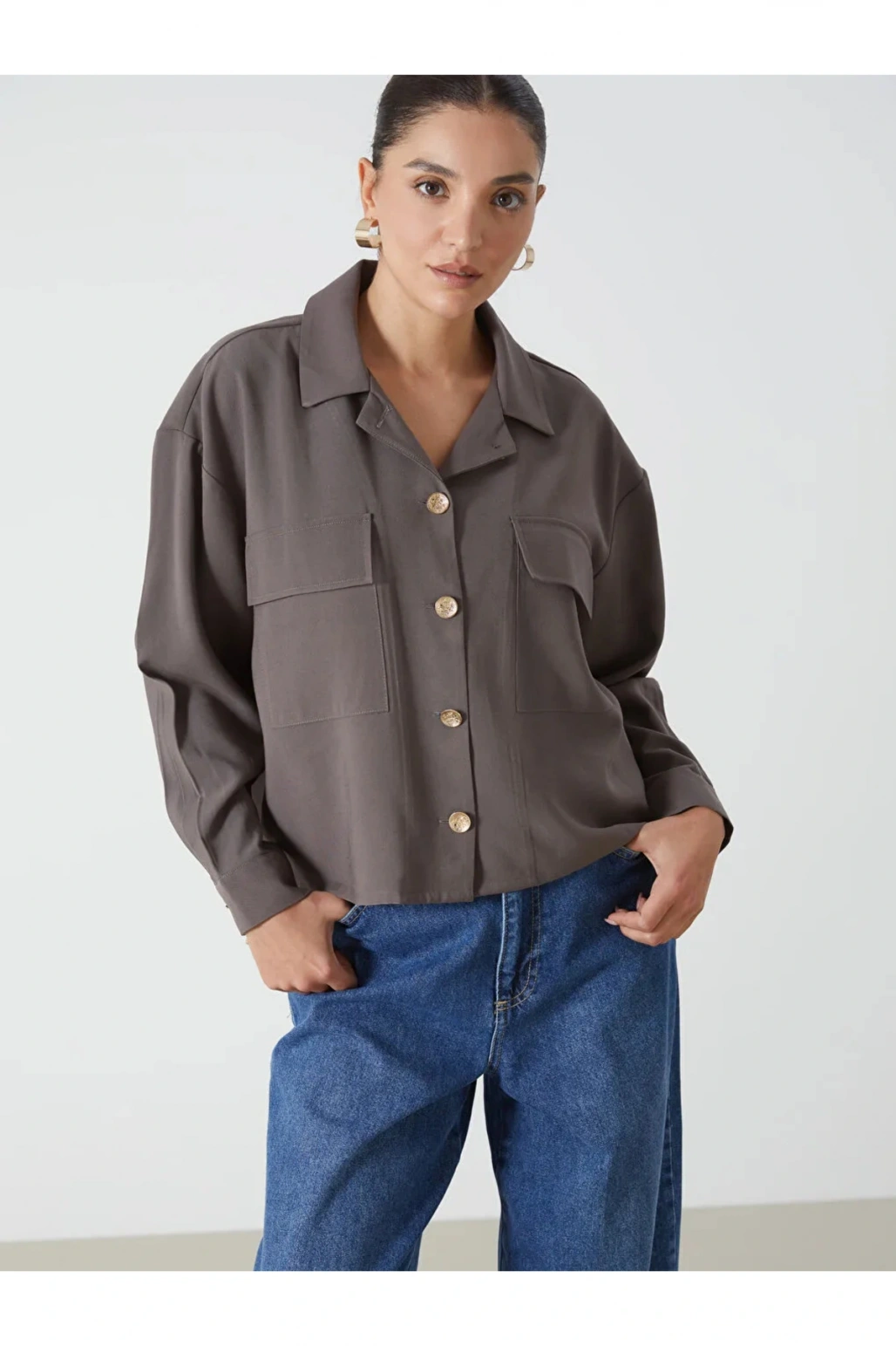 LCWAIKIKI Classic Kahverengi Oversize Gabardin Kadın Gömlek Ceket T T