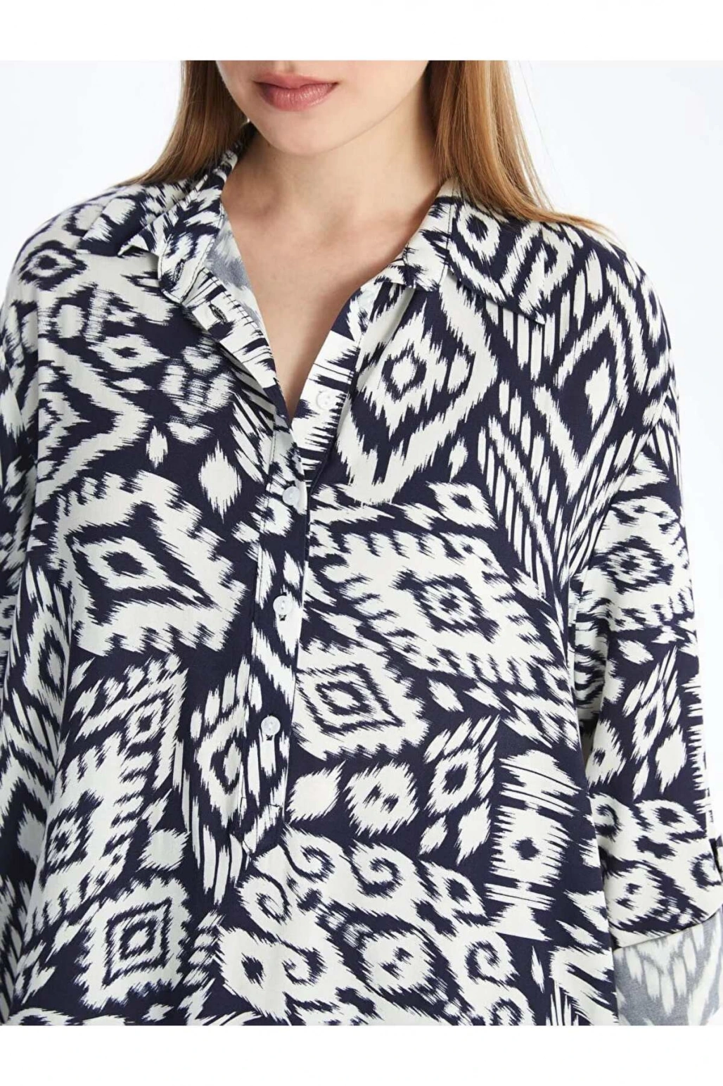 LCWAIKIKI Classic Lacivert Desenli Oversize Kadın Gömlek Tunik