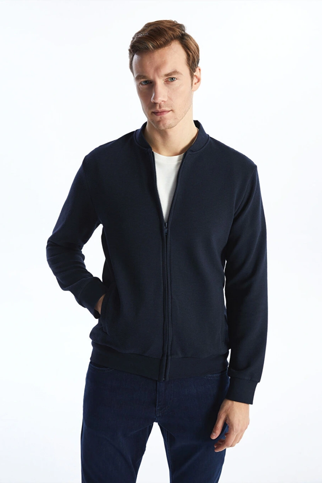 LCWAIKIKI Classic Lacivert Kolej Yaka Uzun Kollu Erkek Fermuarlı Sweatshirt