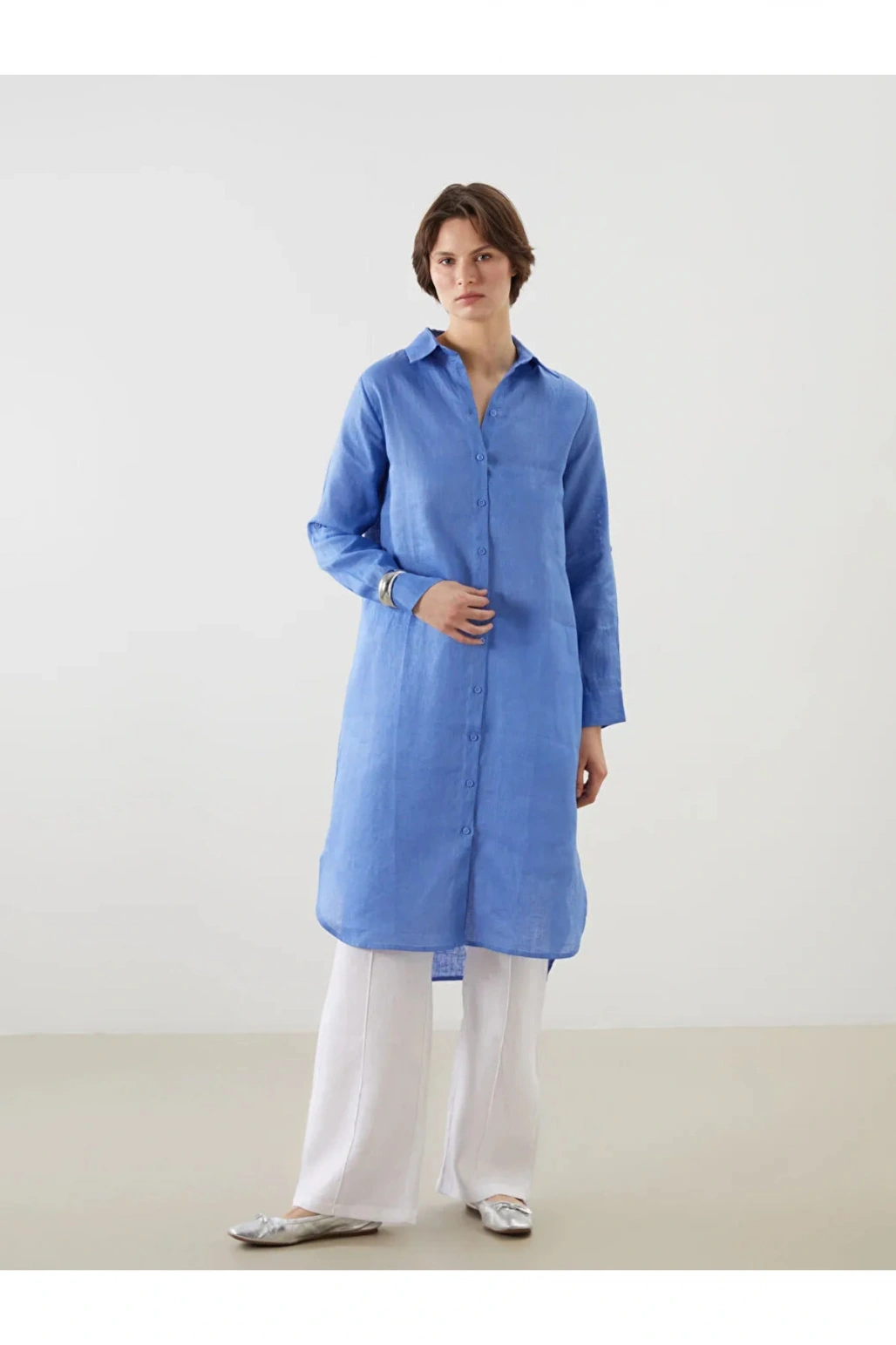 LCWAIKIKI Classic Mavi Keten Kadın Gömlek Tunik