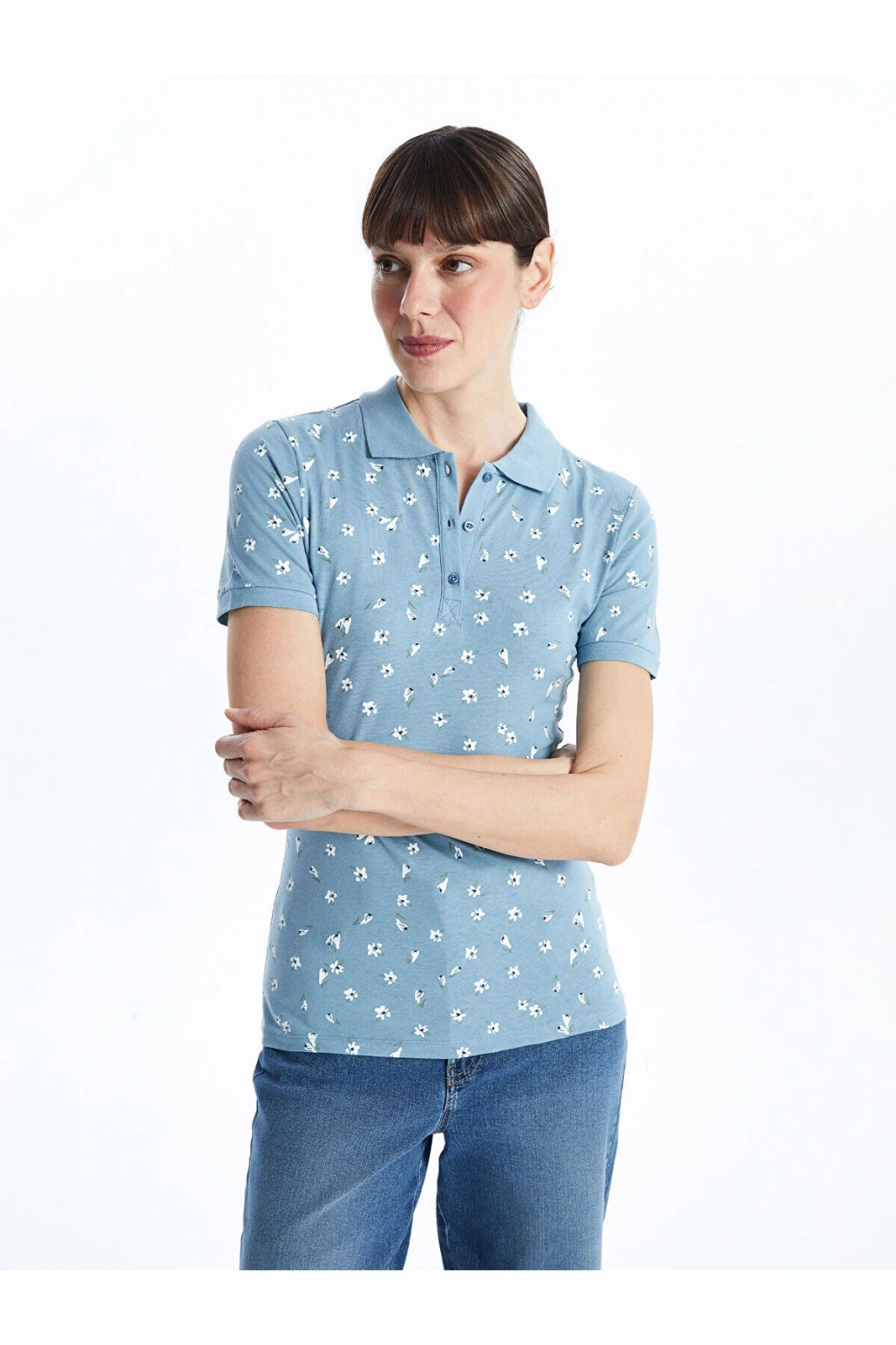 LCWAIKIKI Classic Mavi Polo Yaka Desenli Kadın Tişört