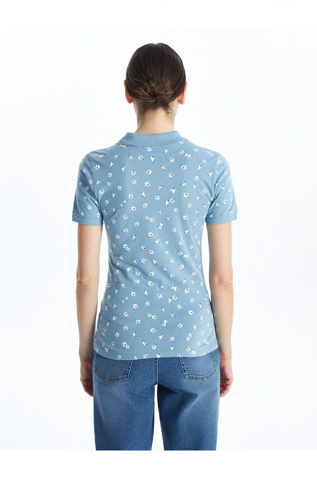 LCWAIKIKI Classic Mavi Polo Yaka Desenli Kadın Tişört
