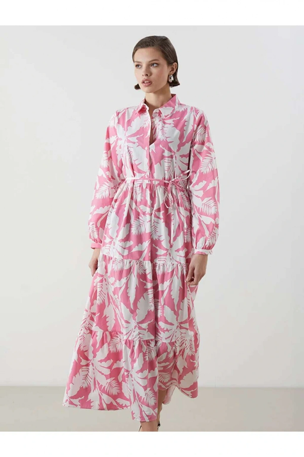 LCWAIKIKI Classic Pembe Gömlek Yaka Desenli Poplin Elbise