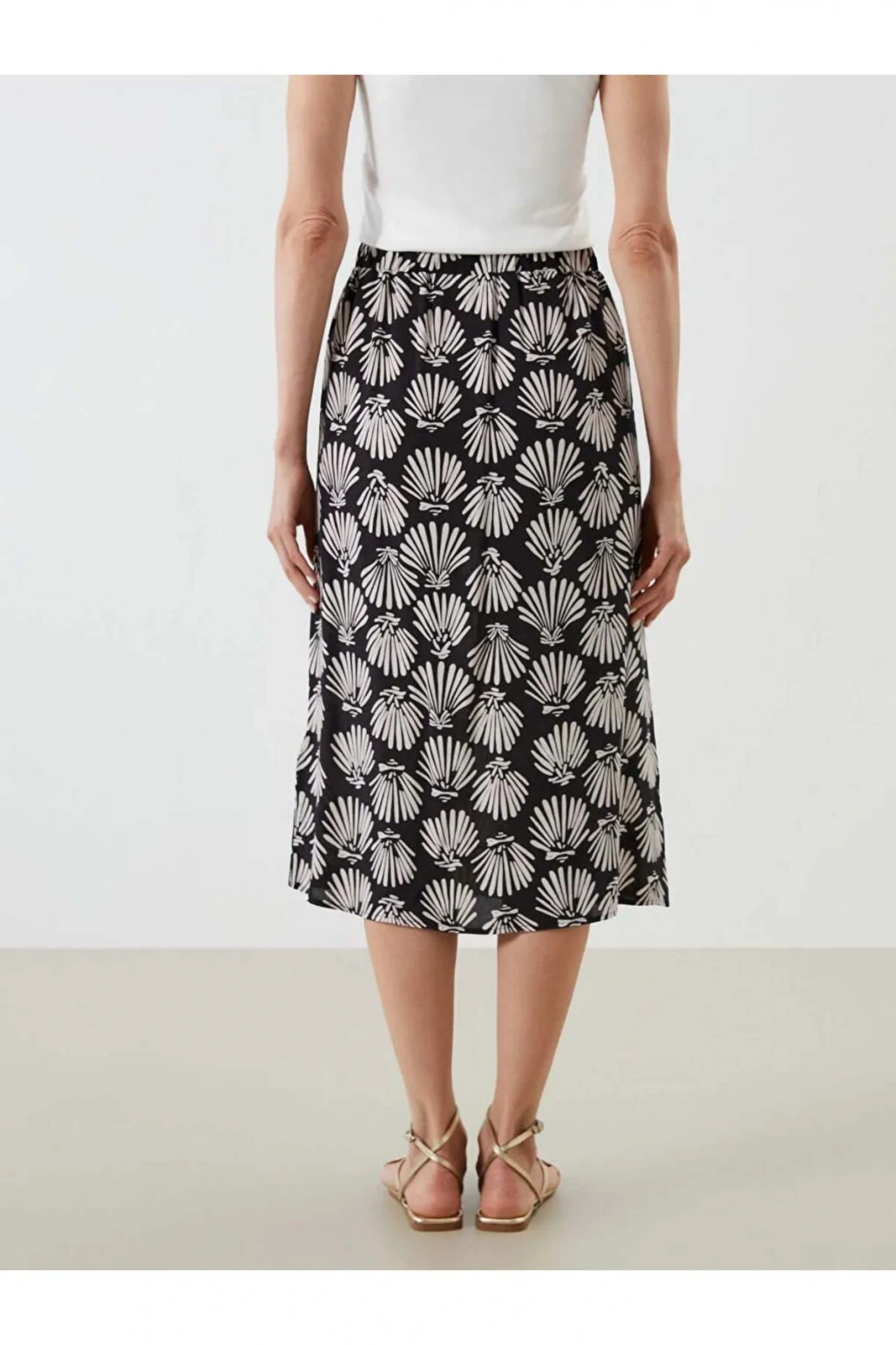 LCWAIKIKI Classic Siyah Beli Lastikli Desenli Yırtmaçlı Etek