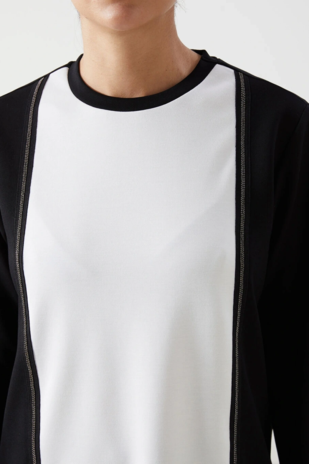 LCWAIKIKI Classic Siyah Bisiklet Yaka Renk Bloklu Kadın Sweatshirt Tunik