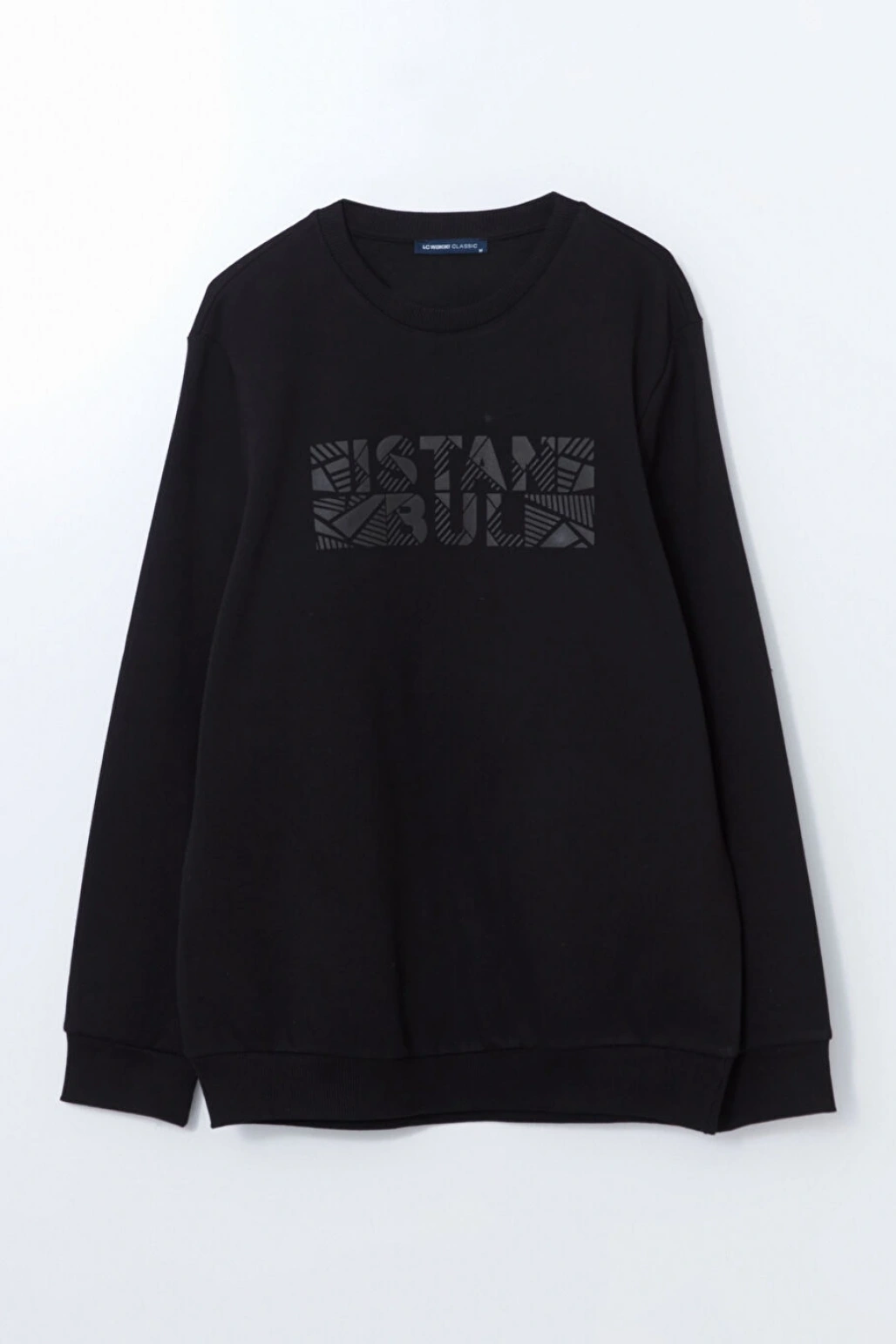 LCWAIKIKI Classic Siyah Bisiklet Yaka Uzun Kollu Baskılı Kalın Erkek Sweatshirt