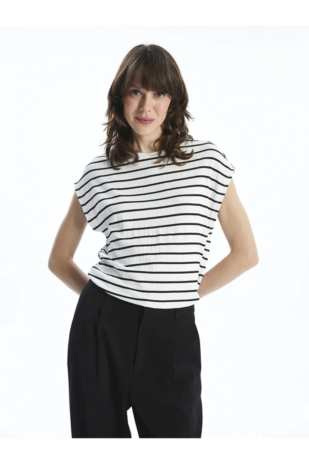 LCWAIKIKI Classic Siyah Çizgili  Bisiklet Yaka Çizgili Kadın Tişört