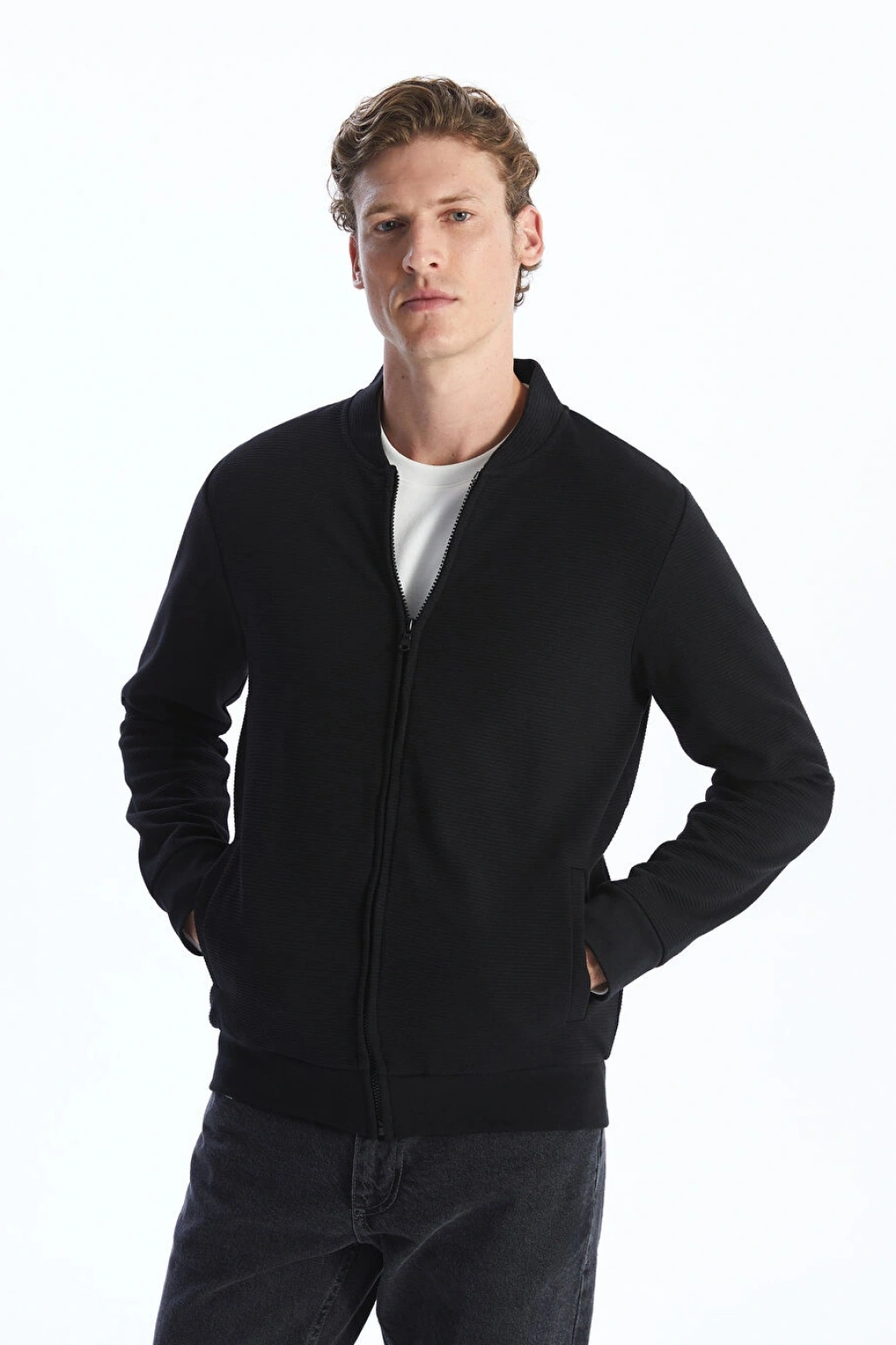 LCWAIKIKI Classic Siyah Kolej Yaka Uzun Kollu Erkek Fermuarlı Sweatshirt