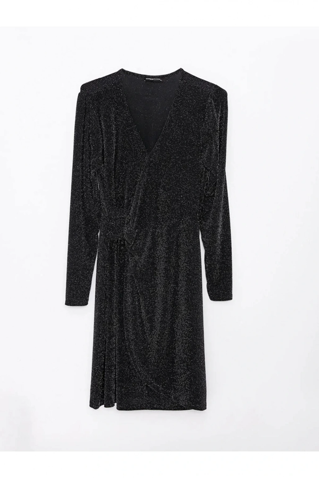 LCWAIKIKI Classic Siyah V Yaka Parlak Görünümlü Uzun Kollu Kadın Elbise