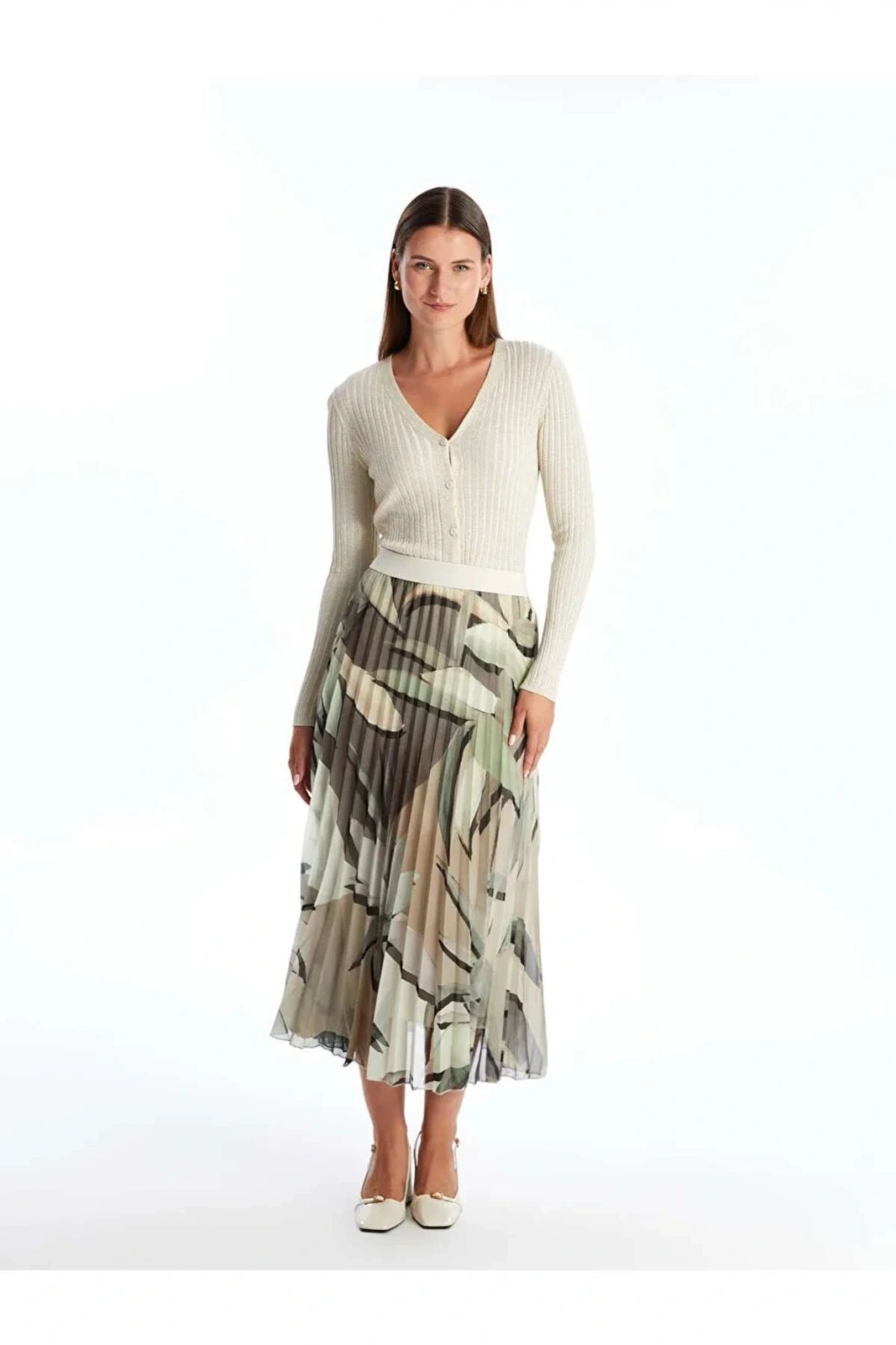 LCWAIKIKI Classic Yeşil Beli Lastikli Desenli Pileli Kadın Etek