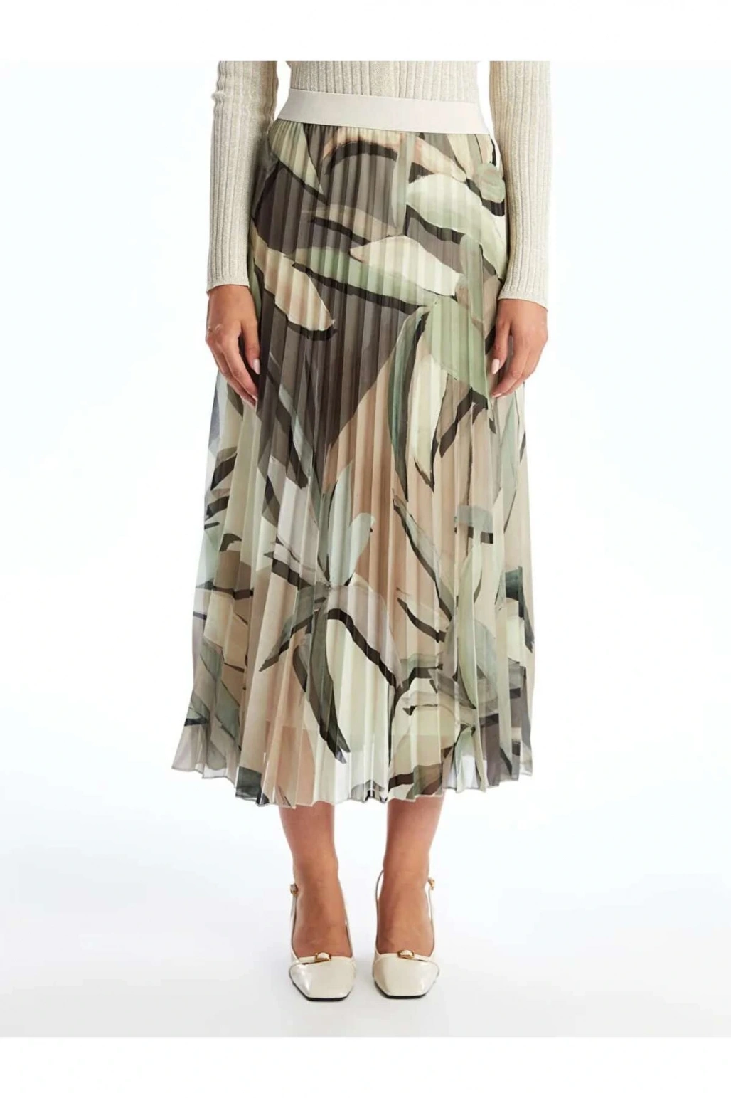 LCWAIKIKI Classic Yeşil Beli Lastikli Desenli Pileli Kadın Etek