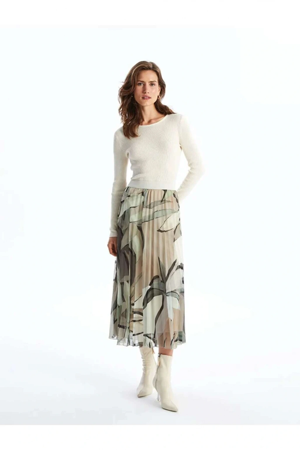 LCWAIKIKI Classic Yeşil Beli Lastikli Desenli Pileli Kadın Etek