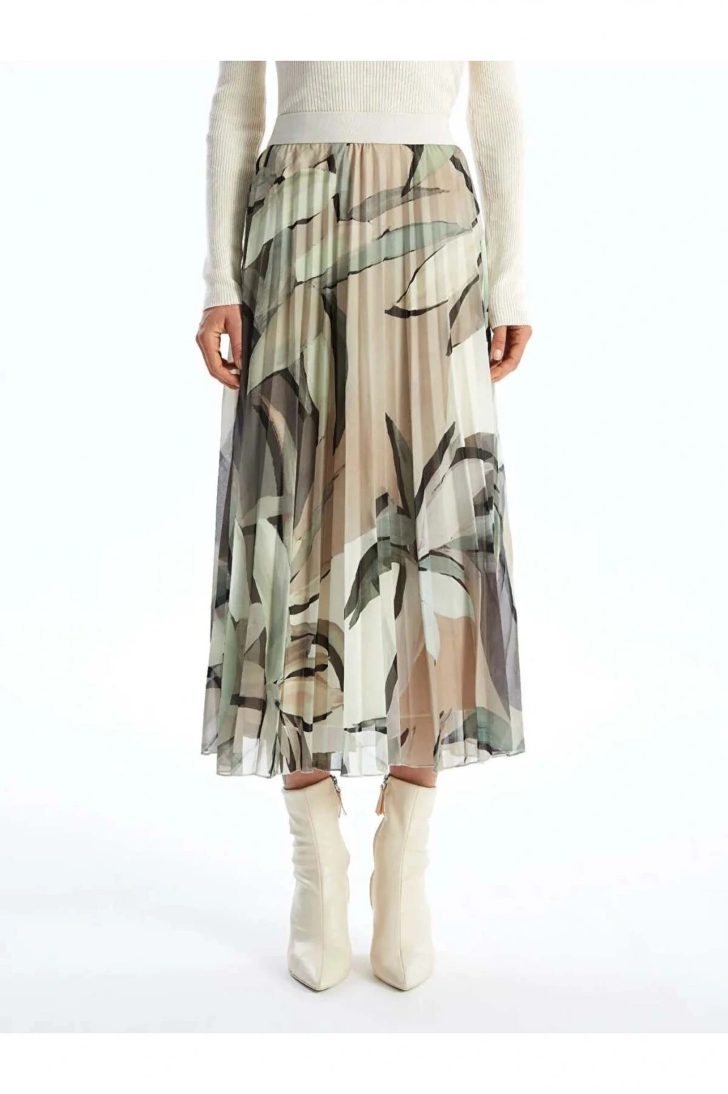 LCWAIKIKI Classic Yeşil Beli Lastikli Desenli Pileli Kadın Etek