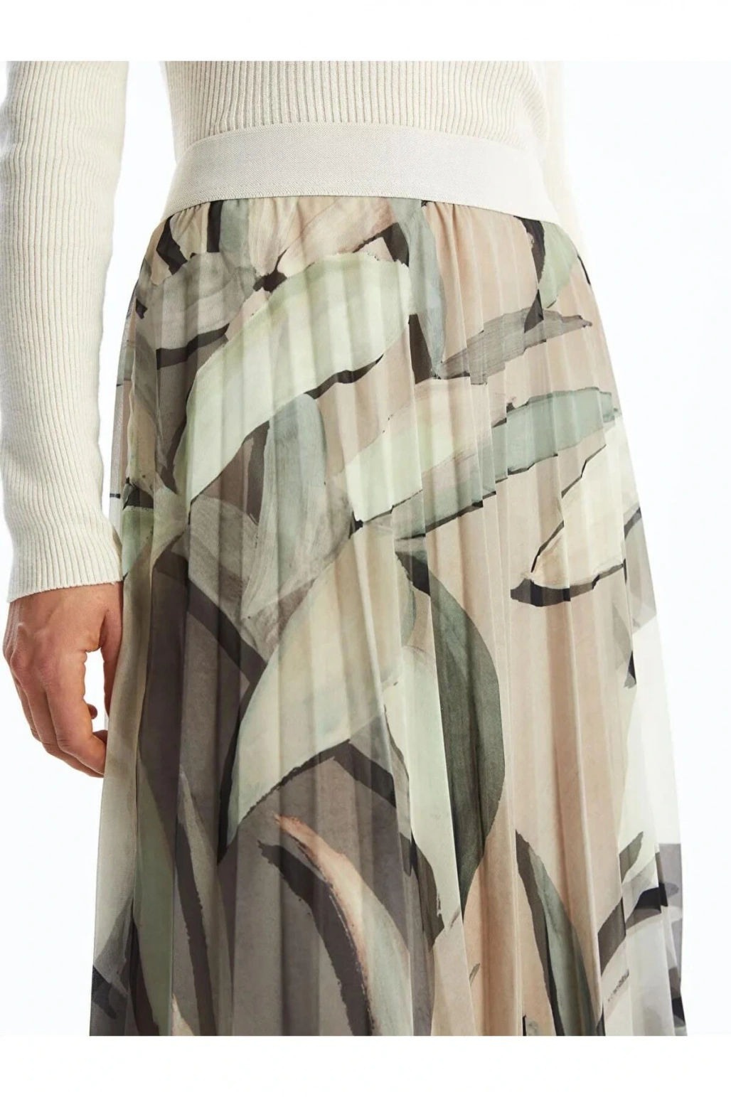 LCWAIKIKI Classic Yeşil Beli Lastikli Desenli Pileli Kadın Etek