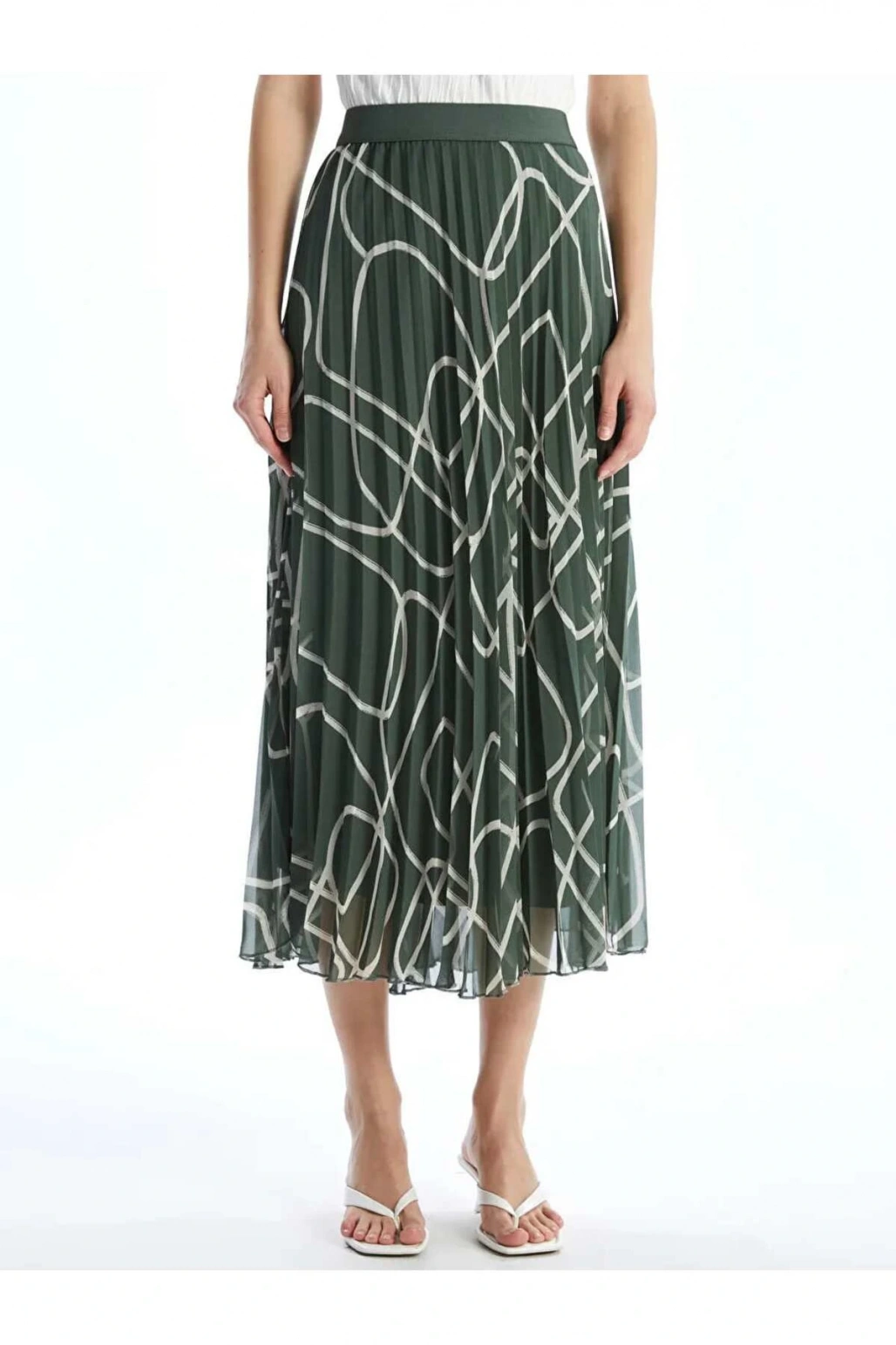 LCWAIKIKI Classic Yeşil Beli Lastikli Desenli Şifon Kadın Pileli Etek