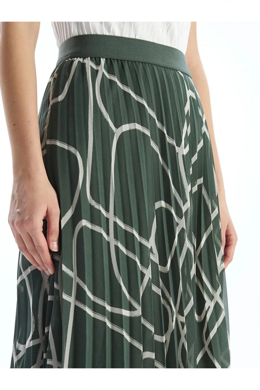 LCWAIKIKI Classic Yeşil Beli Lastikli Desenli Şifon Kadın Pileli Etek