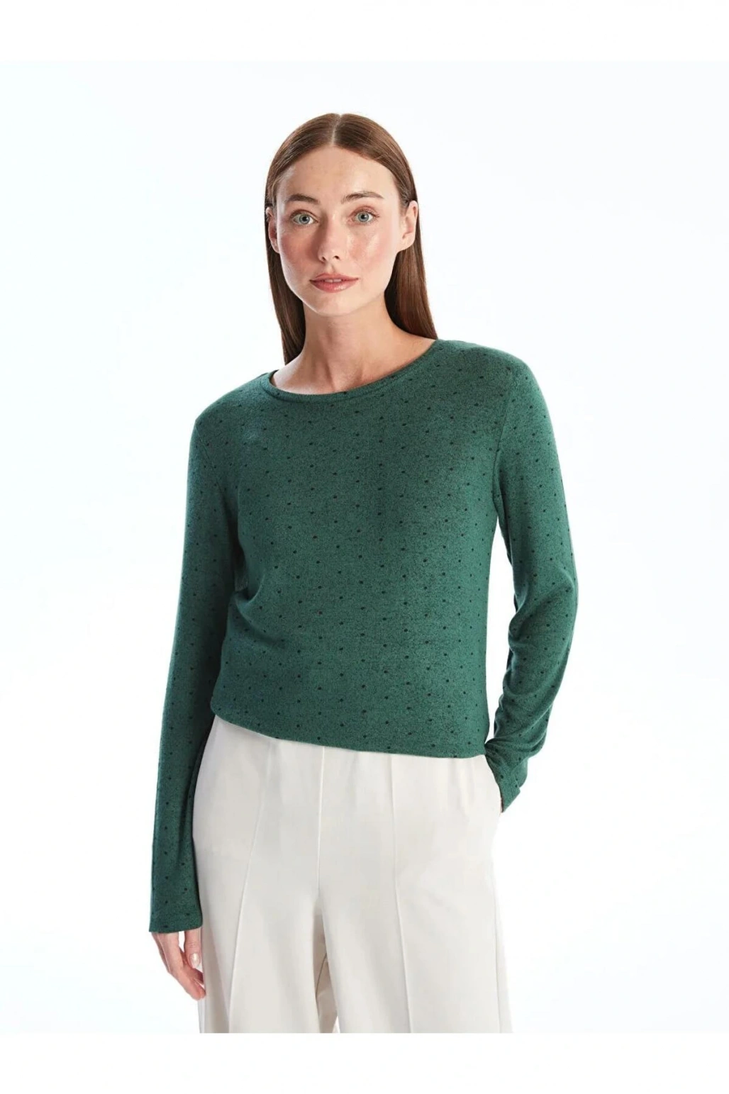 LCWAIKIKI Classic Yeşil Bisiklet Yaka Puantiyeli Kadın Tişört