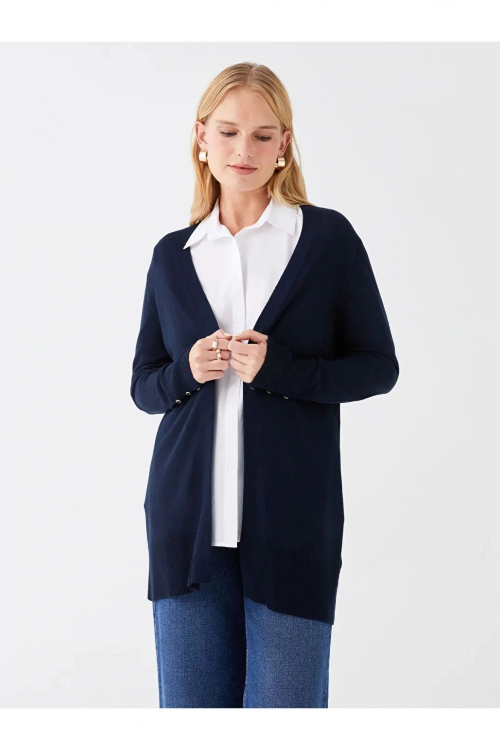 LCWAIKIKI Classic Lacivert Şal Yaka Düz Uzun Kollu Kadın Triko Hırka