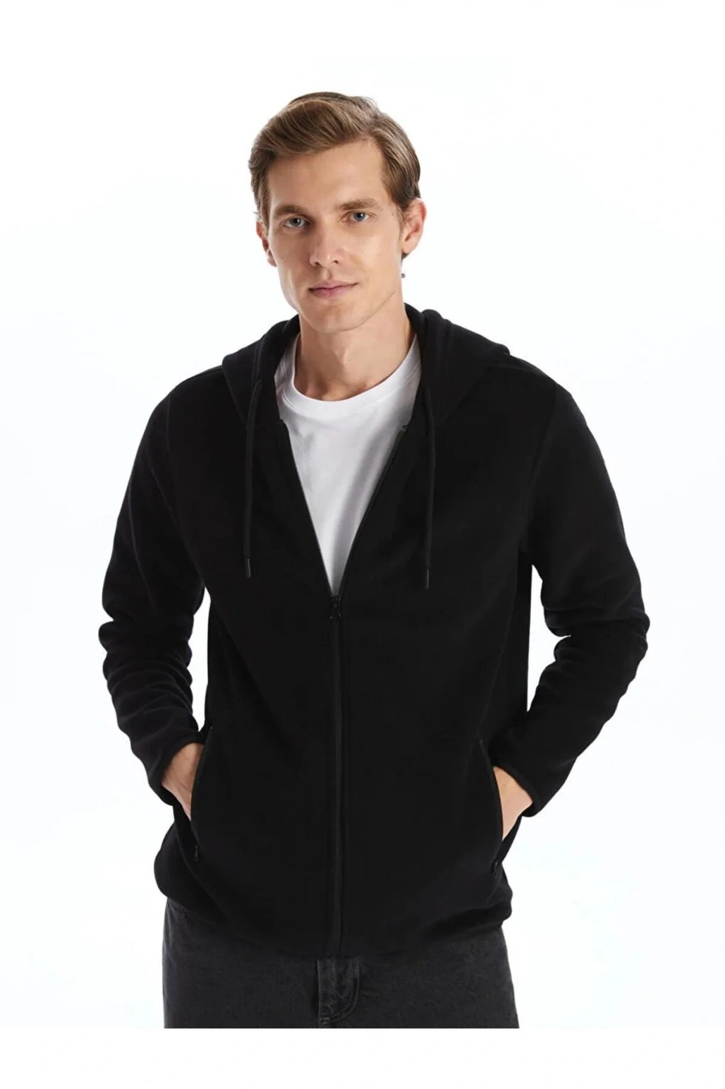 LCWAIKIKI ClassicSiyah Kapüşonlu Uzun Kollu Erkek Fermuarlı Sweatshirt