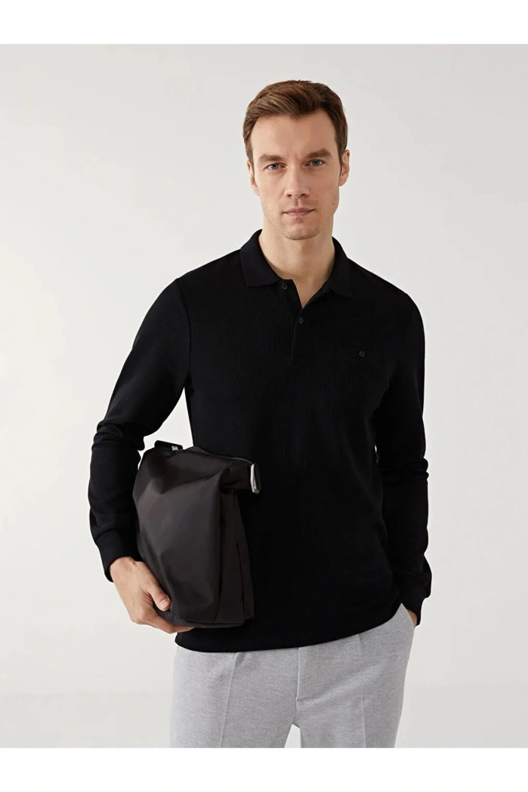 LCWAIKIKI ClassicSiyah Polo Yaka Uzun Kollu Erkek Sweatshirt