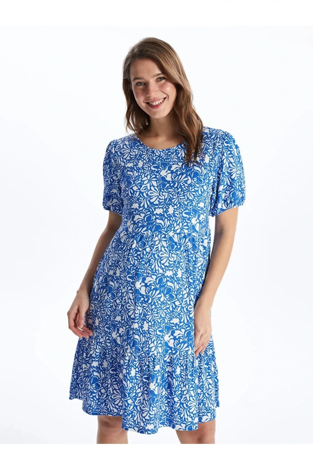 LCWAIKIKI Maternity Mavi Bisiklet Yaka Çiçekli Kısa Kollu Hamile Elbise