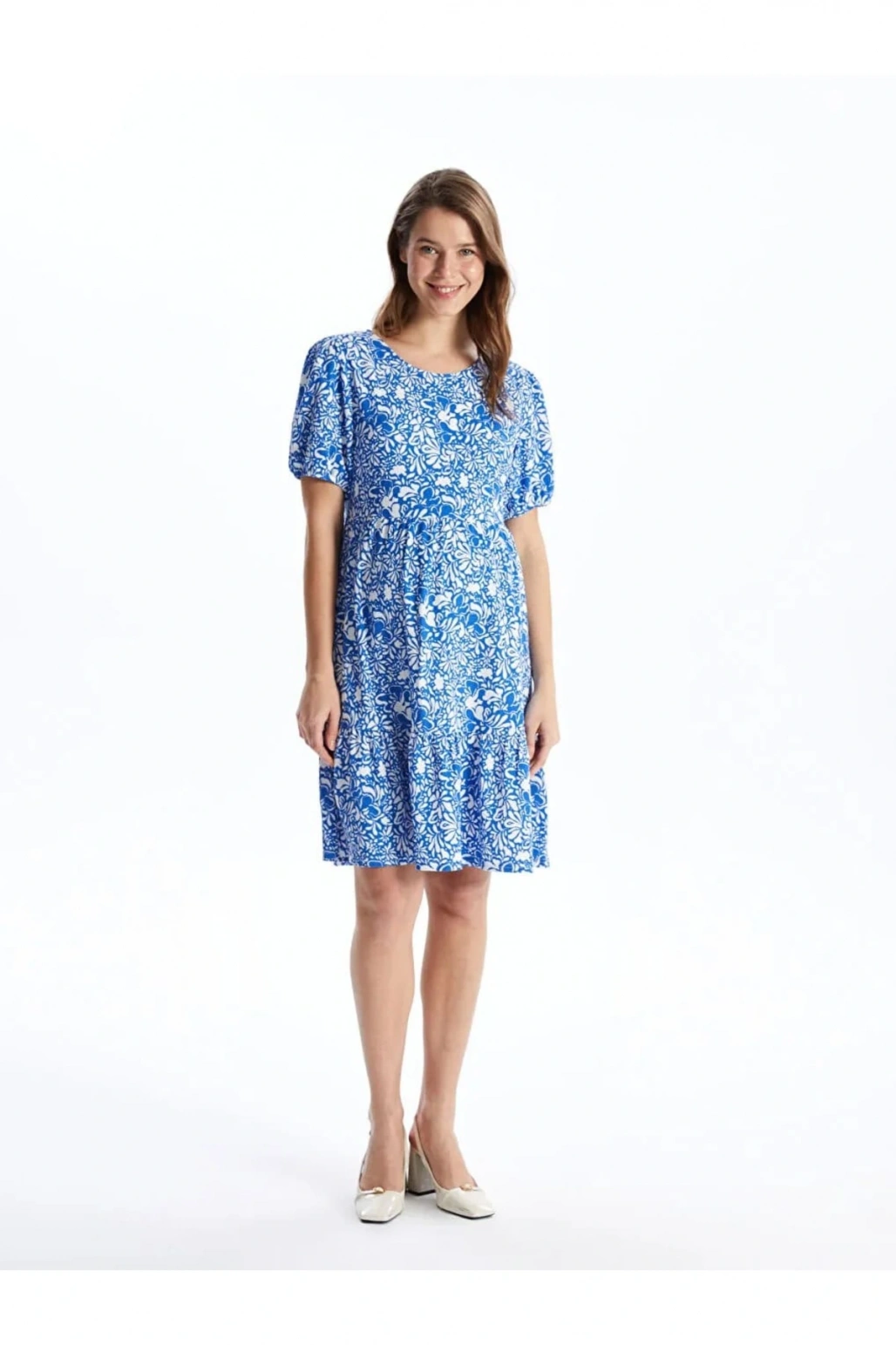 LCWAIKIKI Maternity Mavi Bisiklet Yaka Çiçekli Kısa Kollu Hamile Elbise