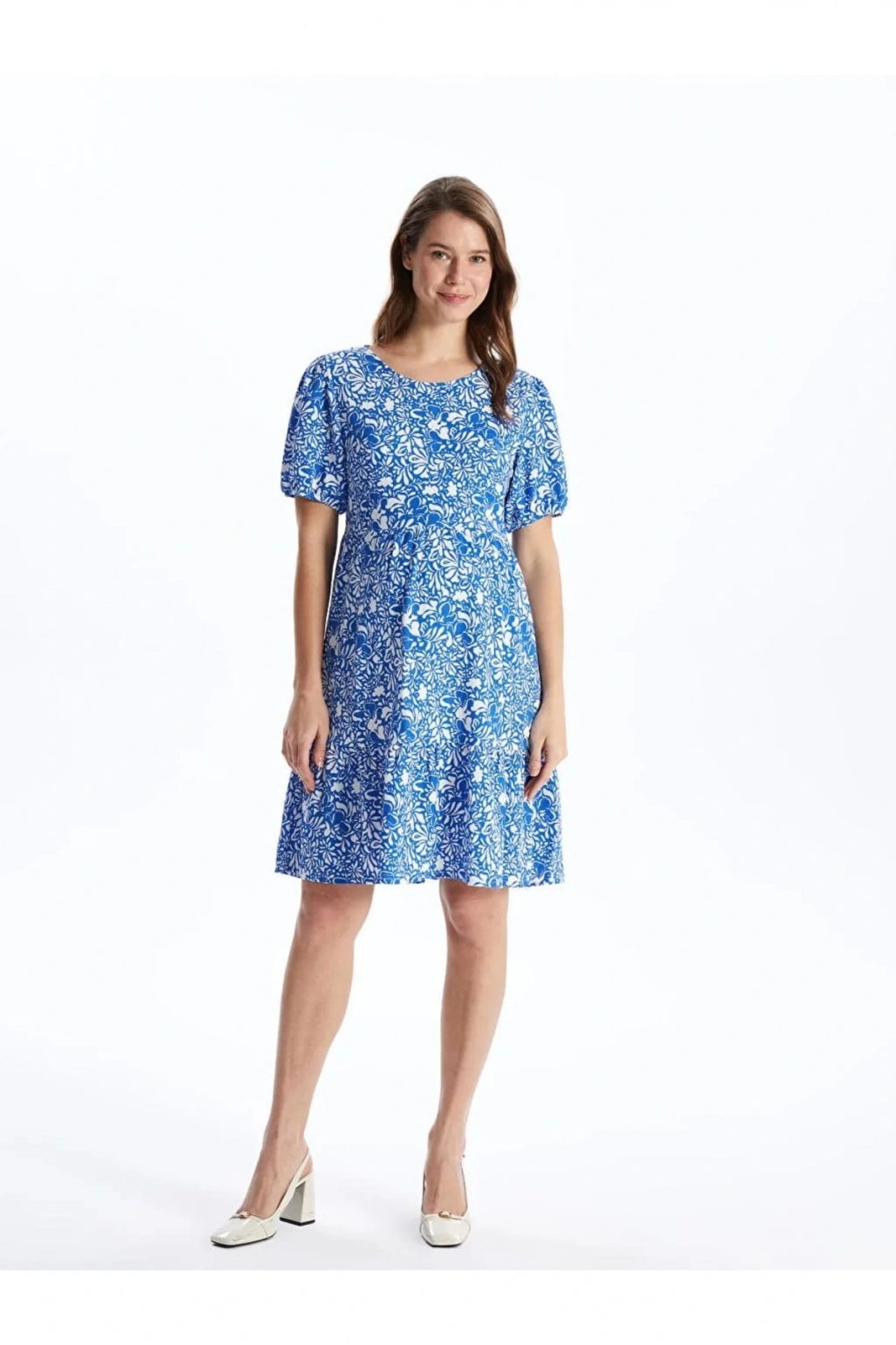 LCWAIKIKI Maternity Mavi Bisiklet Yaka Çiçekli Kısa Kollu Hamile Elbise