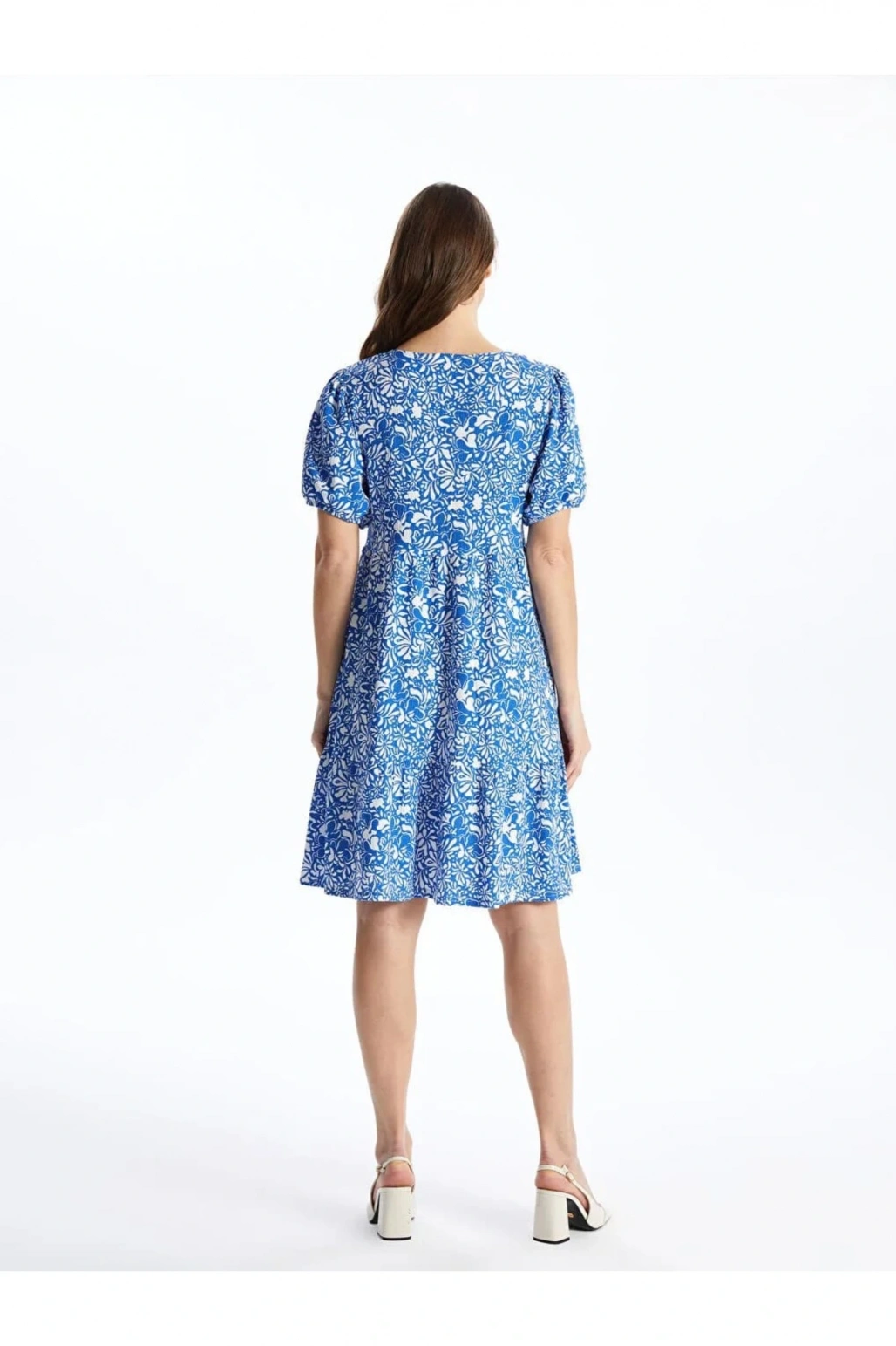 LCWAIKIKI Maternity Mavi Bisiklet Yaka Çiçekli Kısa Kollu Hamile Elbise