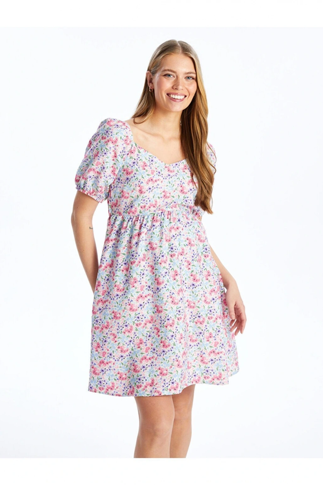 LCWAIKIKI Maternity V Yaka Çiçekli Kısa Kollu Hamile Elbise