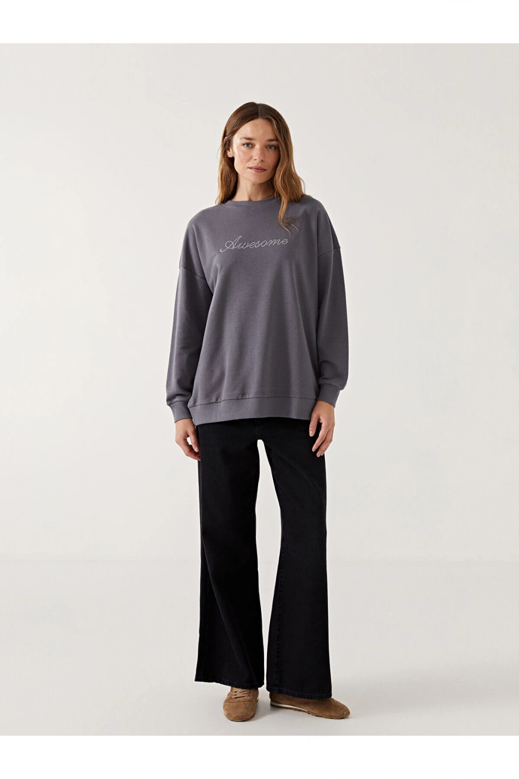 LCWK Bisiklet Yaka Taş Baskılı Oversize Kadın Sweatshirt Tunik