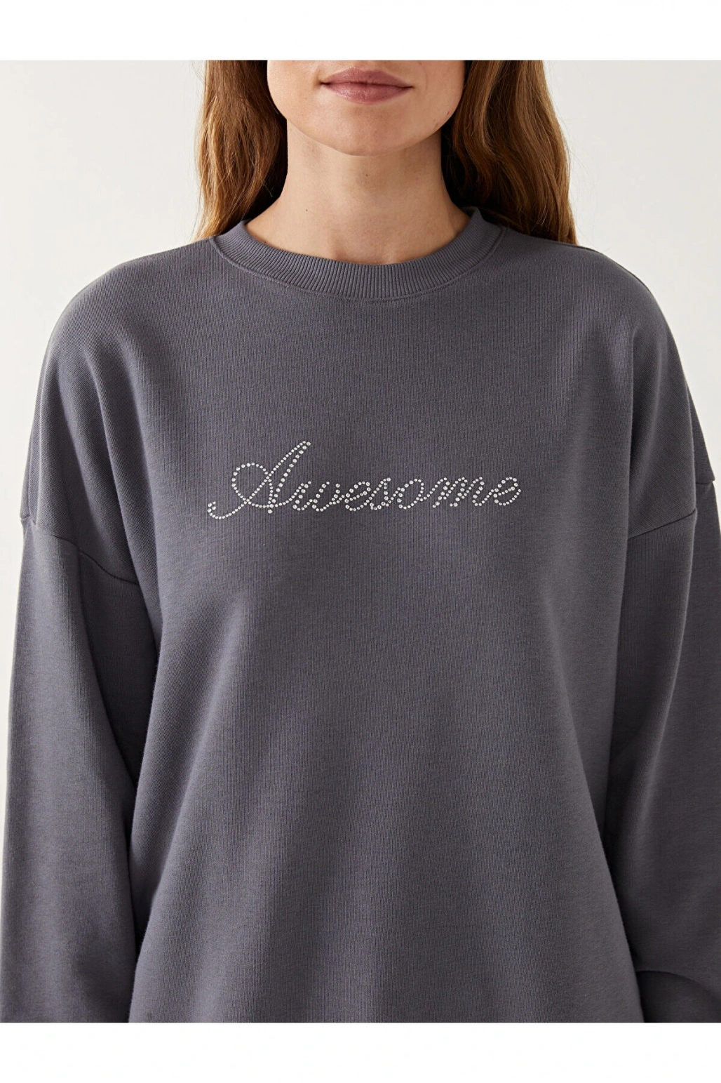 LCWK Bisiklet Yaka Taş Baskılı Oversize Kadın Sweatshirt Tunik