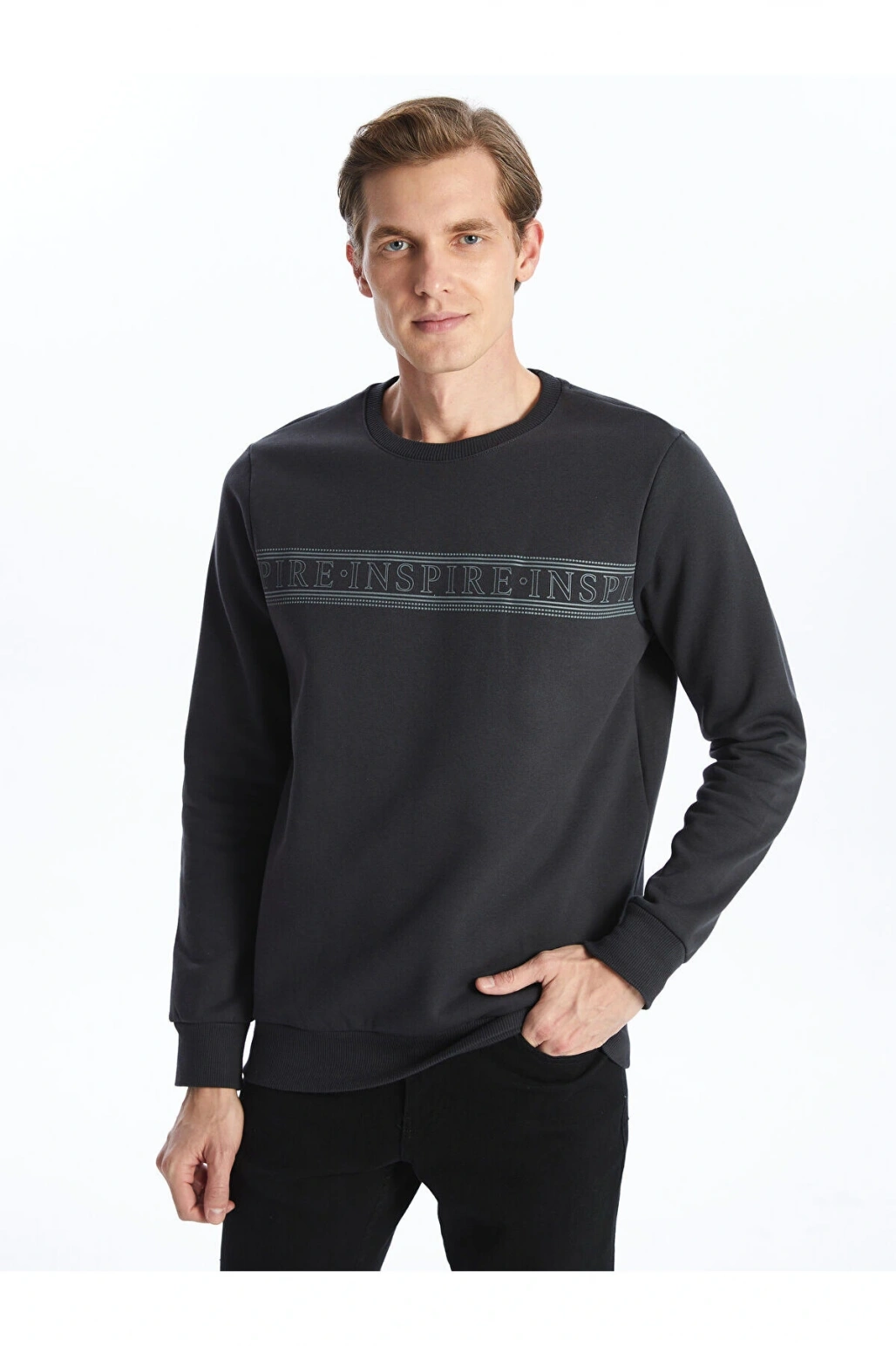 Lcwk Bisiklet Yaka Uzun Kollu Baskılı Erkek Kalın Sweatshirt