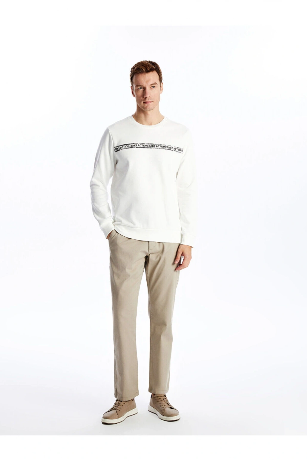 Lcwk Bisiklet Yaka Uzun Kollu Baskılı Erkek Kalın Sweatshirt