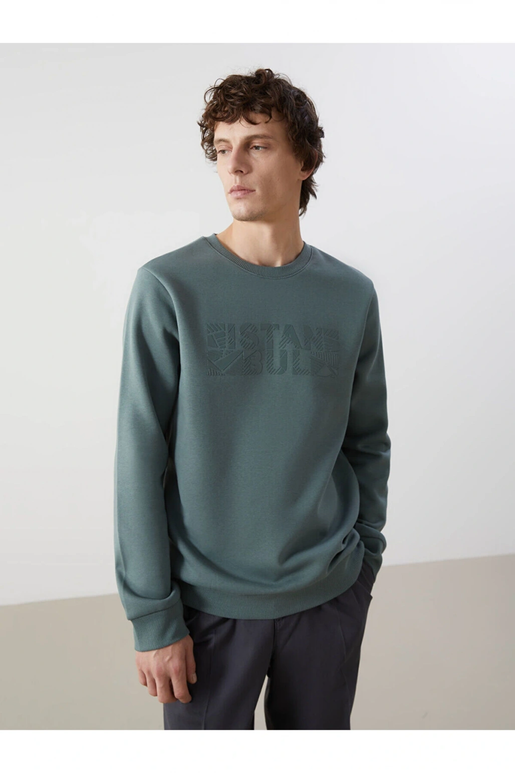 LCWK Bisiklet Yaka Uzun Kollu Baskılı Kalın Erkek Sweatshirt