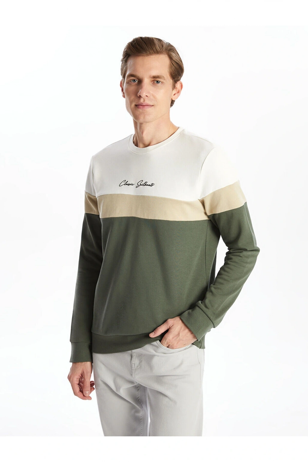 Lcwk Bisiklet Yaka Uzun Kollu Renk Bloklu Erkek Kalın Kalın Sweatshirt