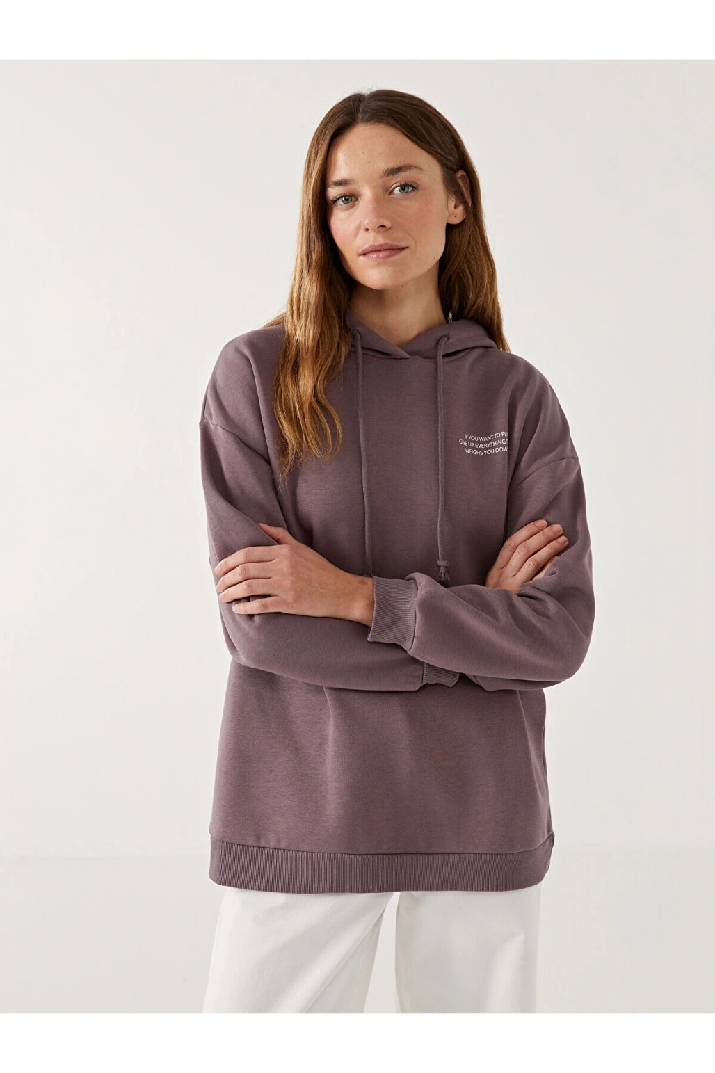 LCW Modest Kapüşonlu Baskılı Oversize Kadın Sweatshirt Tunik