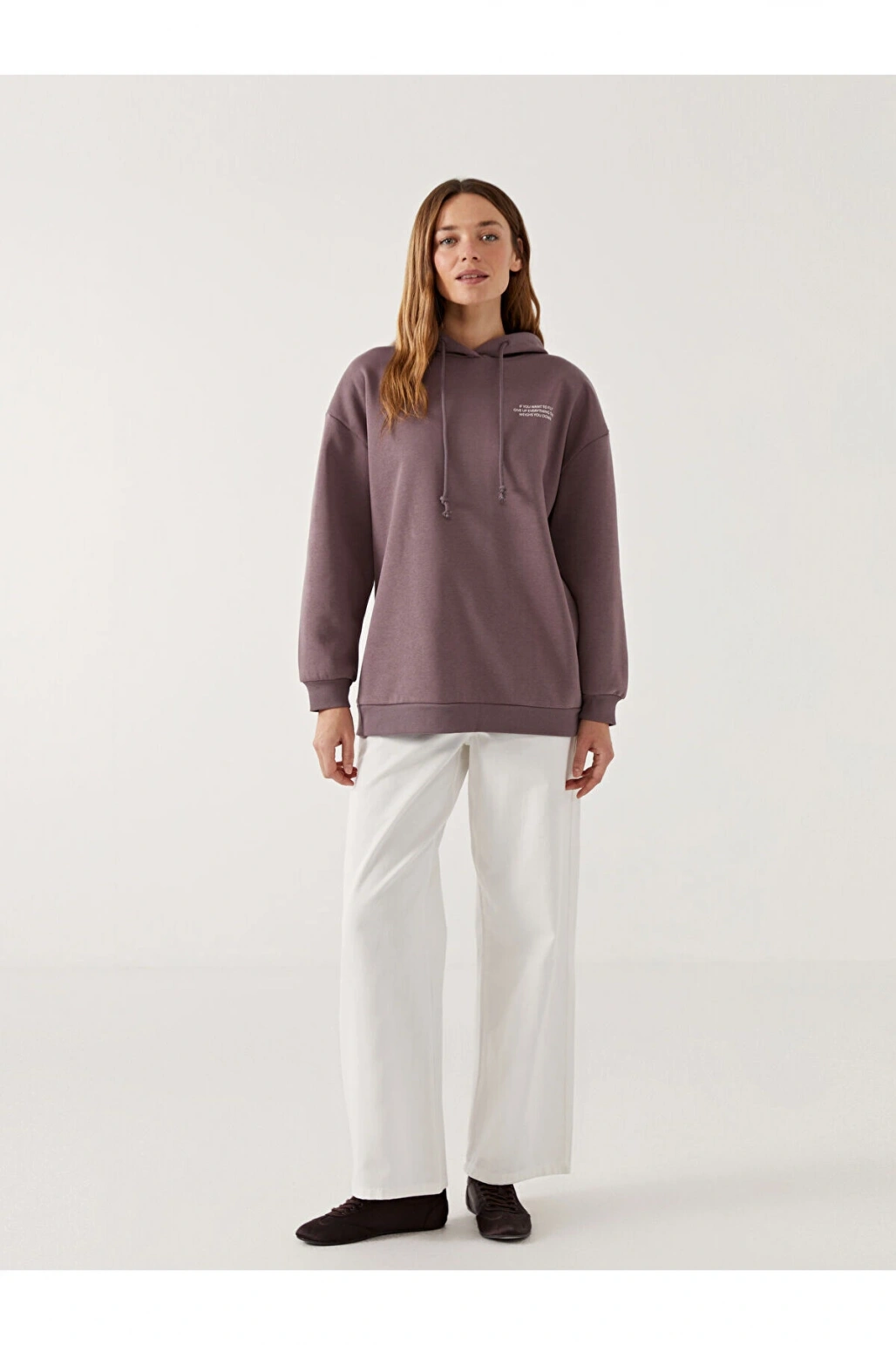 LCW Modest Kapüşonlu Baskılı Oversize Kadın Sweatshirt Tunik