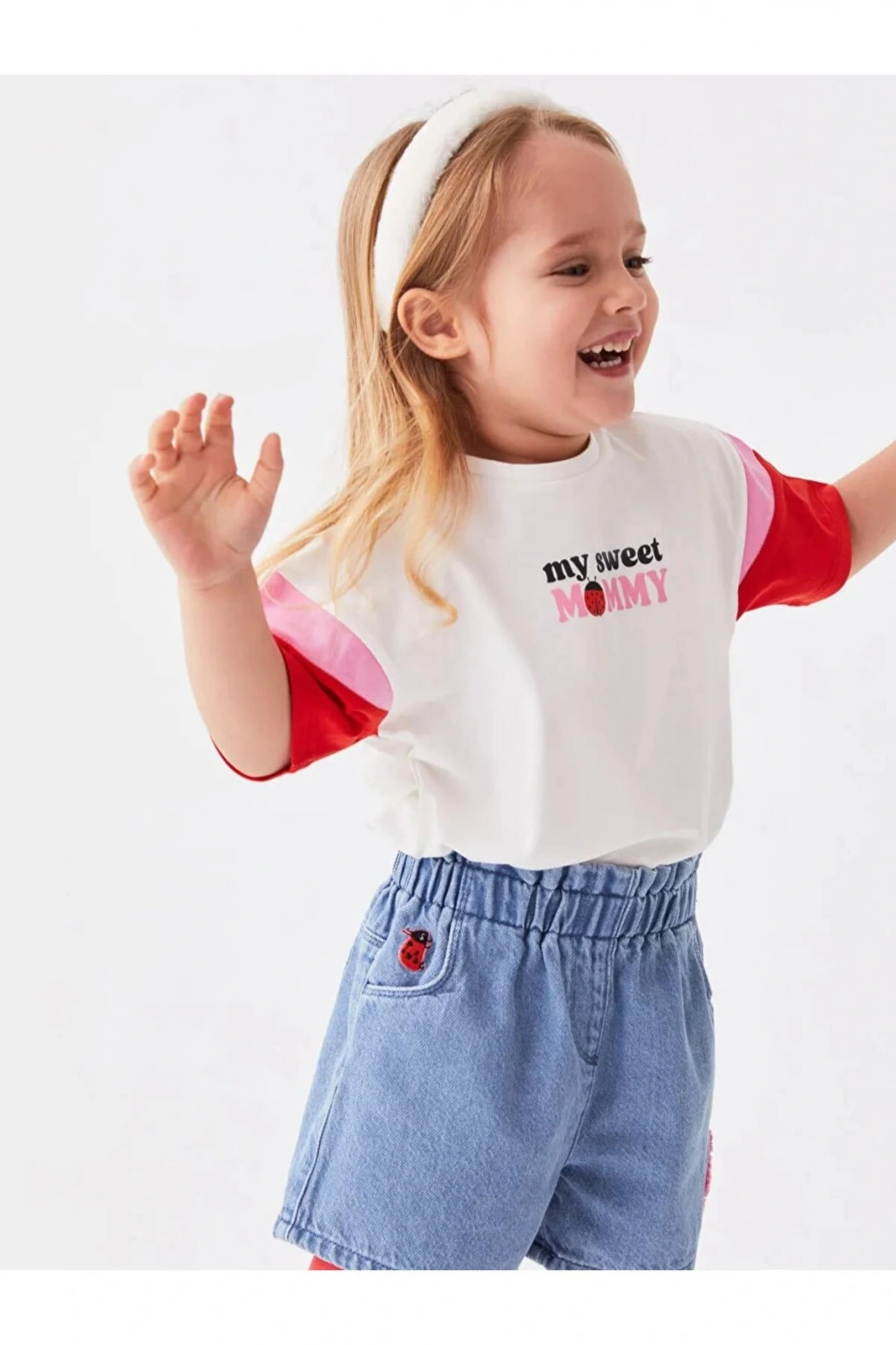 Linalin by Pelin Akil Ekru Bisiklet Yaka Kısa Kollu Baskılı Kız Bebek Tişört Anne Kız Kombini