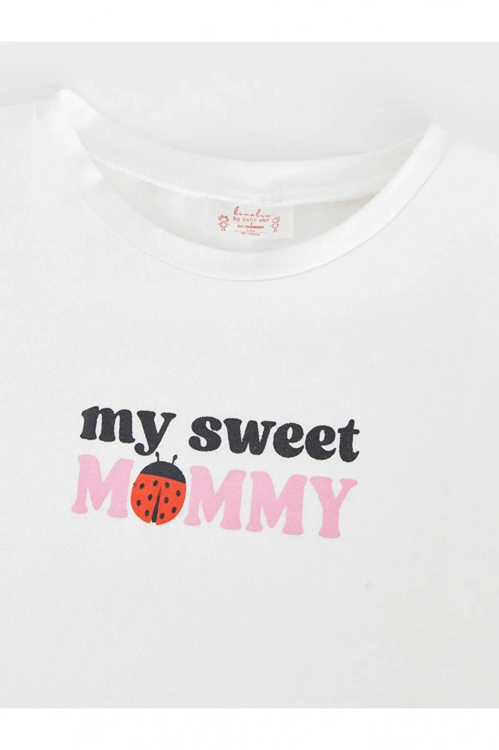 Linalin by Pelin Akil Ekru Bisiklet Yaka Kısa Kollu Baskılı Kız Bebek Tişört Anne Kız Kombini