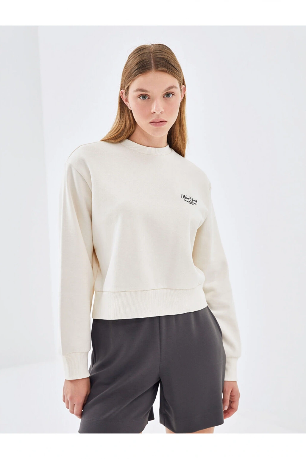 Lw - Bisiklet Yaka Baskılı Oversize Kadın Kalın Sweatshirt