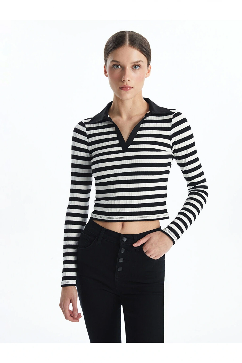 Lw - Polo Yaka Çizgili Uzun Kollu Kadın Tişört