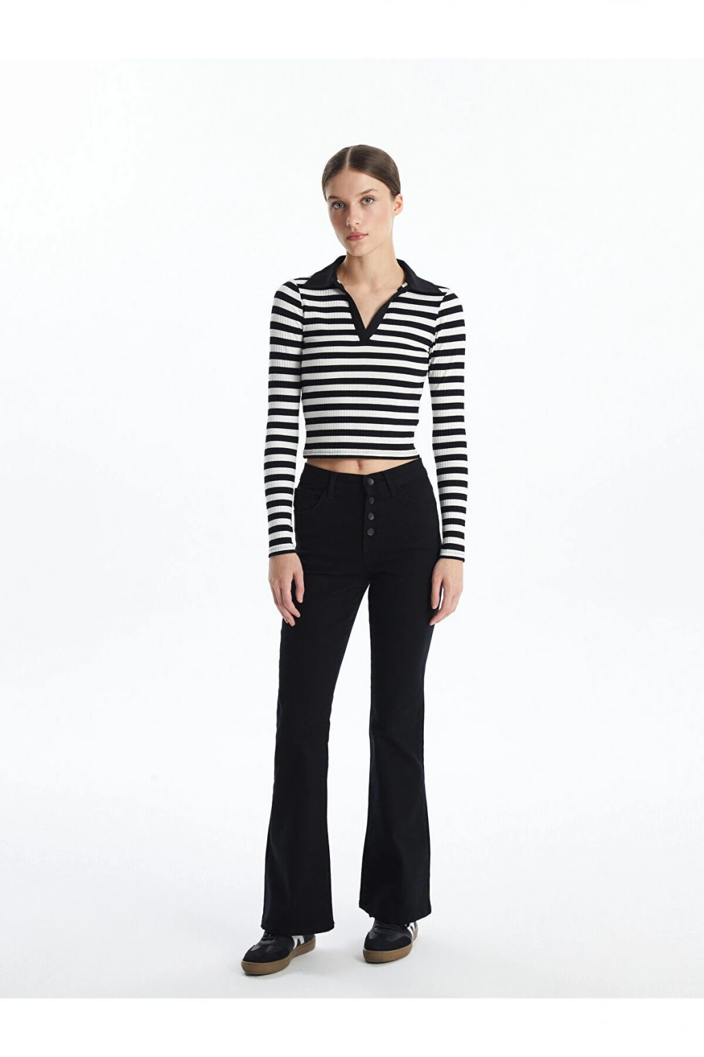 Lw - Polo Yaka Çizgili Uzun Kollu Kadın Tişört