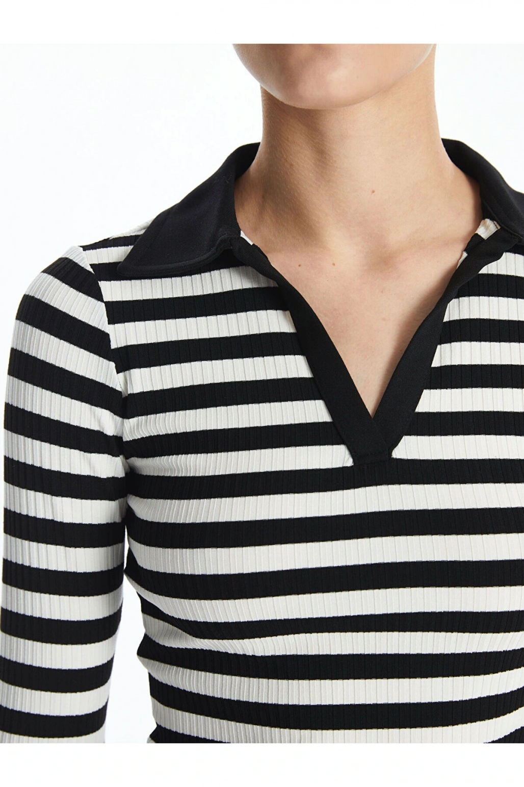 Lw - Polo Yaka Çizgili Uzun Kollu Kadın Tişört