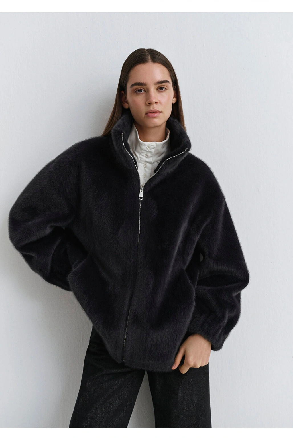 Mavi Antrasit Peluş Ceket Oversize / Geniş Kesim